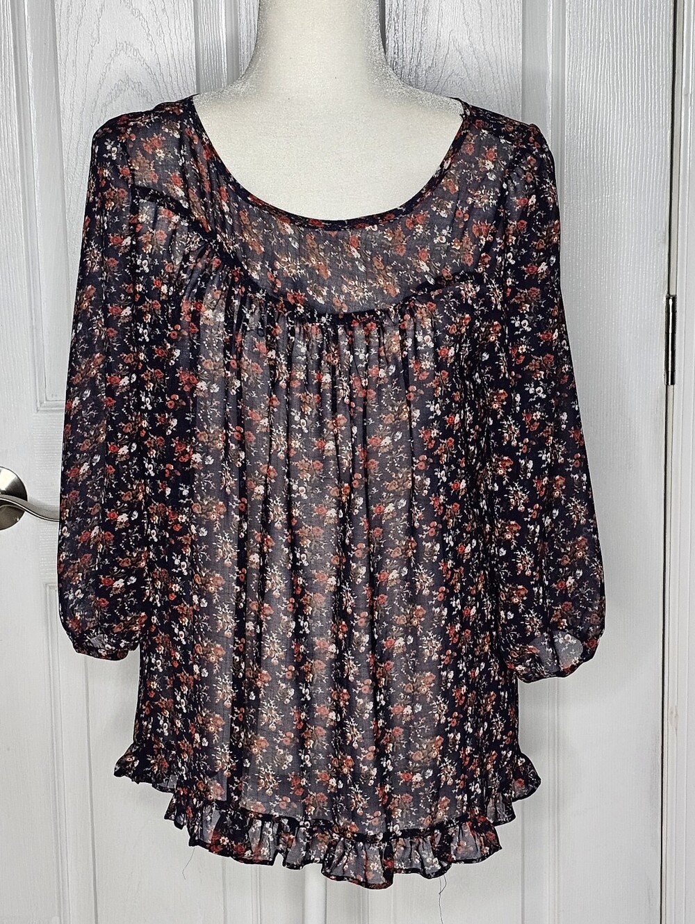 Forever 21 Sheer Navy Floral Peasant Blouse With Ruffled Bottom